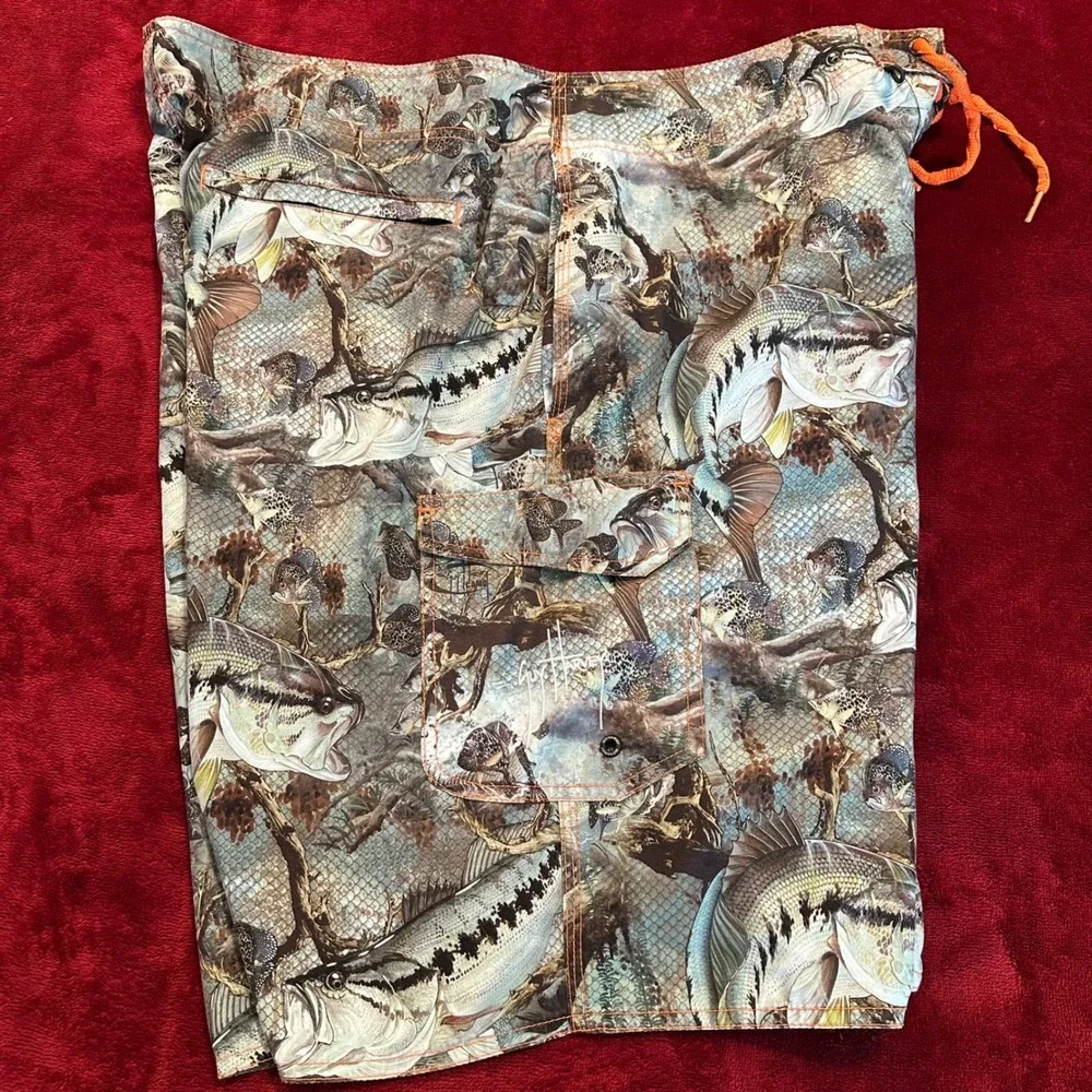Guy Harvey AFTCO Bass Fishing Camo Board Shorts Mens 38 Swim Trunks AOP‎